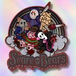 A circular illustrated diecut sticker  featuring five cartoon bears in a horror-themed scene with knives, blood splatter, and the text 'Scare Bears' at the bottom. The background is a soft iridescent pastel gradient 