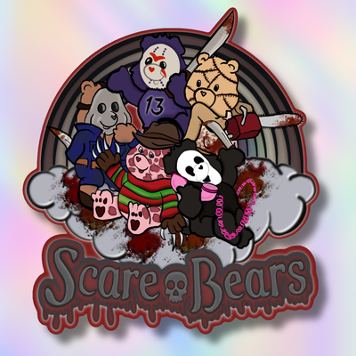 A circular illustrated diecut sticker  featuring five cartoon bears in a horror-themed scene with knives, blood splatter, and the text 'Scare Bears' at the bottom. The background is a soft iridescent pastel gradient 
