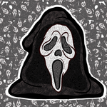 A die-cut sticker featuring a stylized Ghostface mask with intricate black and white patterns, set against a dark hooded figure on a patterned gray background.