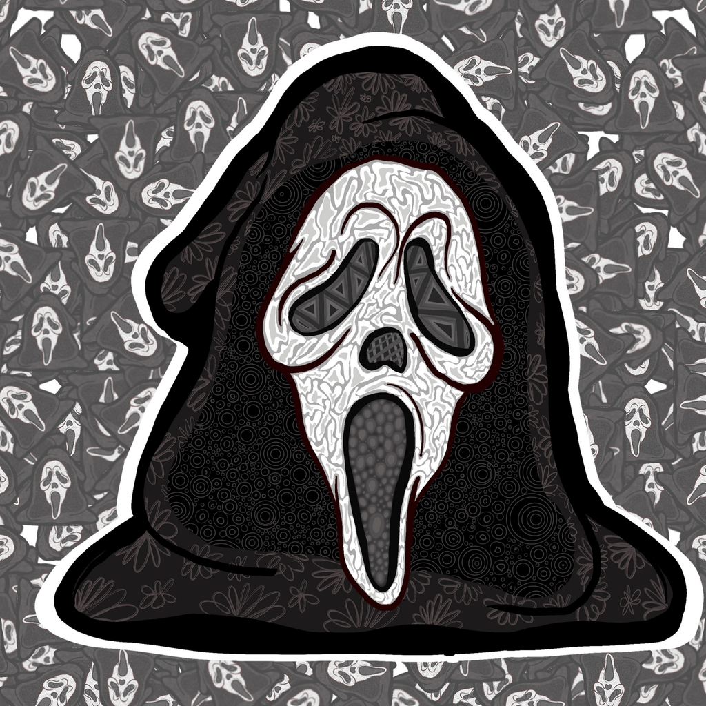 A die-cut sticker featuring a stylized Ghostface mask with intricate black and white patterns, set against a dark hooded figure on a patterned gray background.