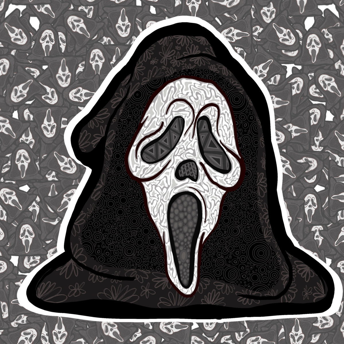 A die-cut sticker featuring a stylized Ghostface mask with intricate black and white patterns, set against a dark hooded figure on a patterned gray background.
