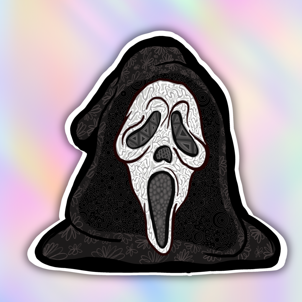 A die-cut sticker featuring a Ghostface-style hooded mask design with intricate black and white line art patterns, shown against a pastel rainbow gradient background.