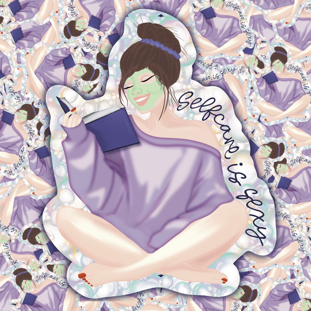A die-cut sticker featuring a cartoon illustration of a woman with a green face mask and purple wrap, holding a book, surrounded by a pattern of smaller identical figures. The sticker has the text 'Self care is worth' written on it.