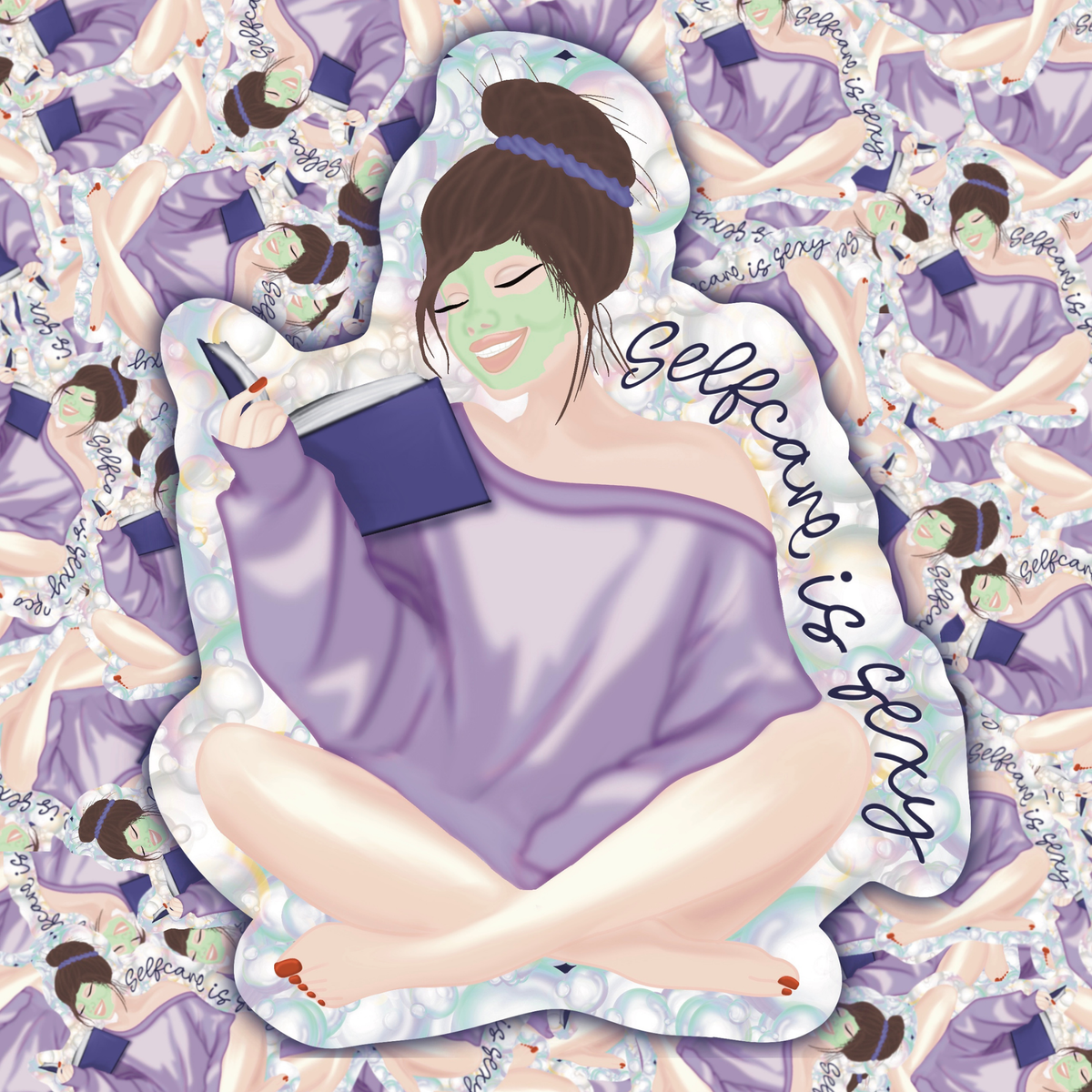 A die-cut sticker featuring a cartoon illustration of a woman with a green face mask and purple wrap, holding a book, surrounded by a pattern of smaller identical figures. The sticker has the text 'Self care is worth' written on it.