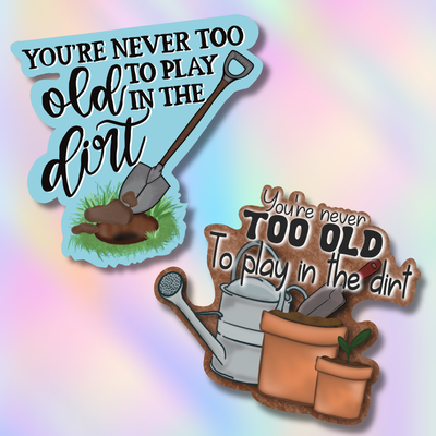 Two garden-themed stickers with gardening tools and text on a colorful background