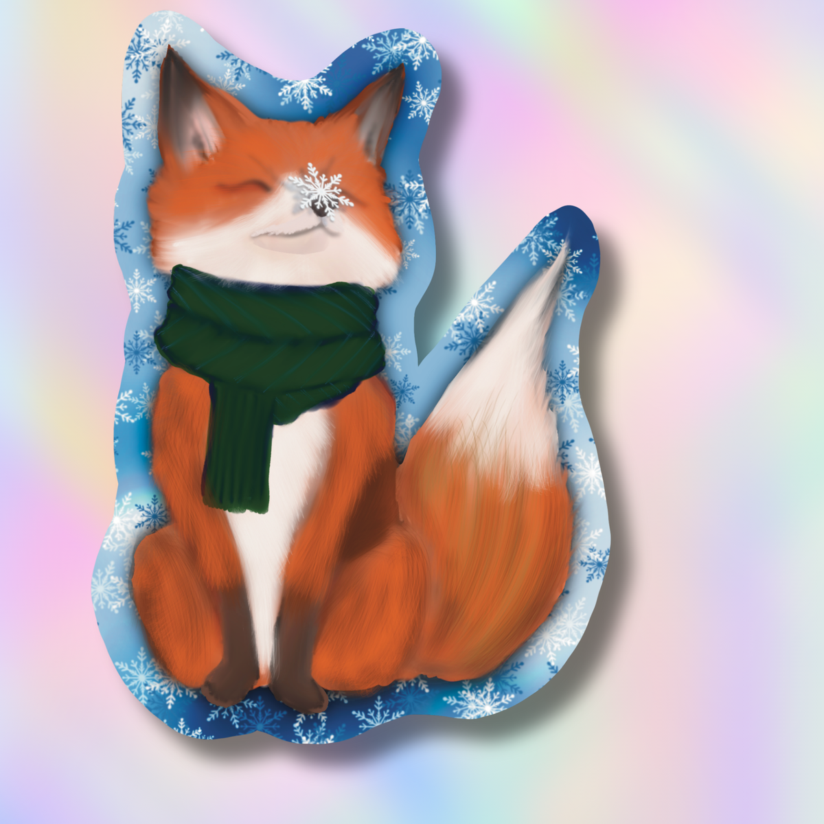 A stylized illustration of a little orange fox with a green scarf and white snowflake details on a pastel rainbow background.