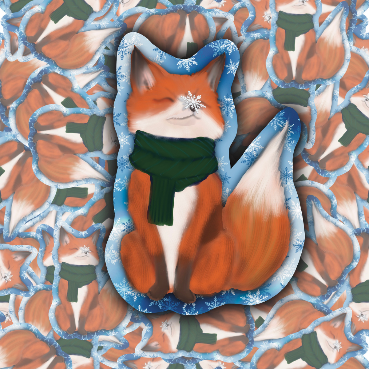A stylized illustration of a fox wearing a dark green scarf and a snowflake on its forehead, centered over a repeating pattern of the same fox motif with blue icy outlines.
