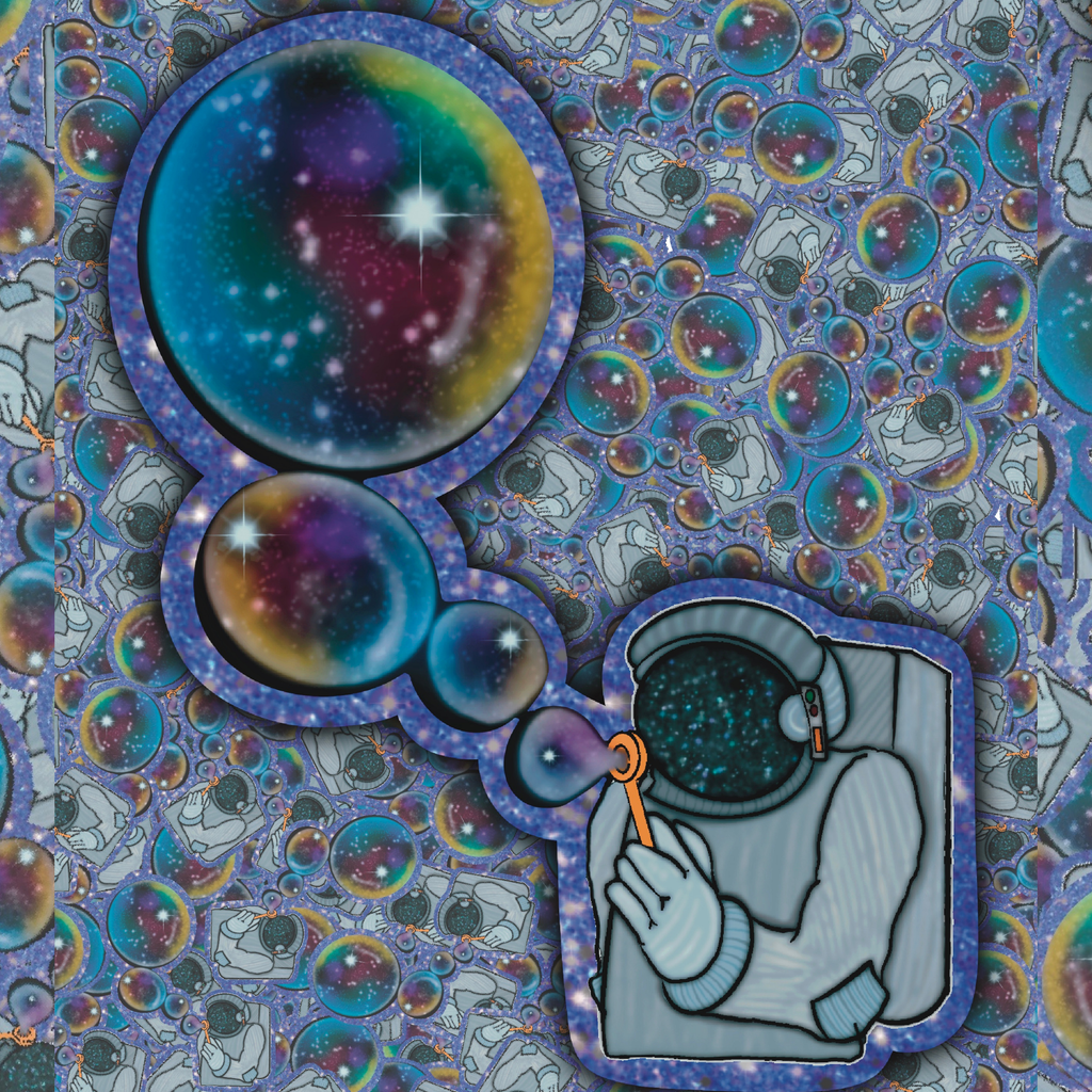 A colorful sticker or graphic illustration featuring a gray astronaut holding a bubble wand, with a thought bubble above showing a galaxy scene. The background is covered in repeating bubble patterns in purple, blue, and pink tones.