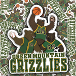 A die-cut sticker featuring three cartoon grizzlies wearing green and gold Green Mountain Grizzlies jerseys, with the team name 'Green Mountain Grizzlies' printed prominently at the bottom. The sticker is shown against a background filled with repeated team graphics.