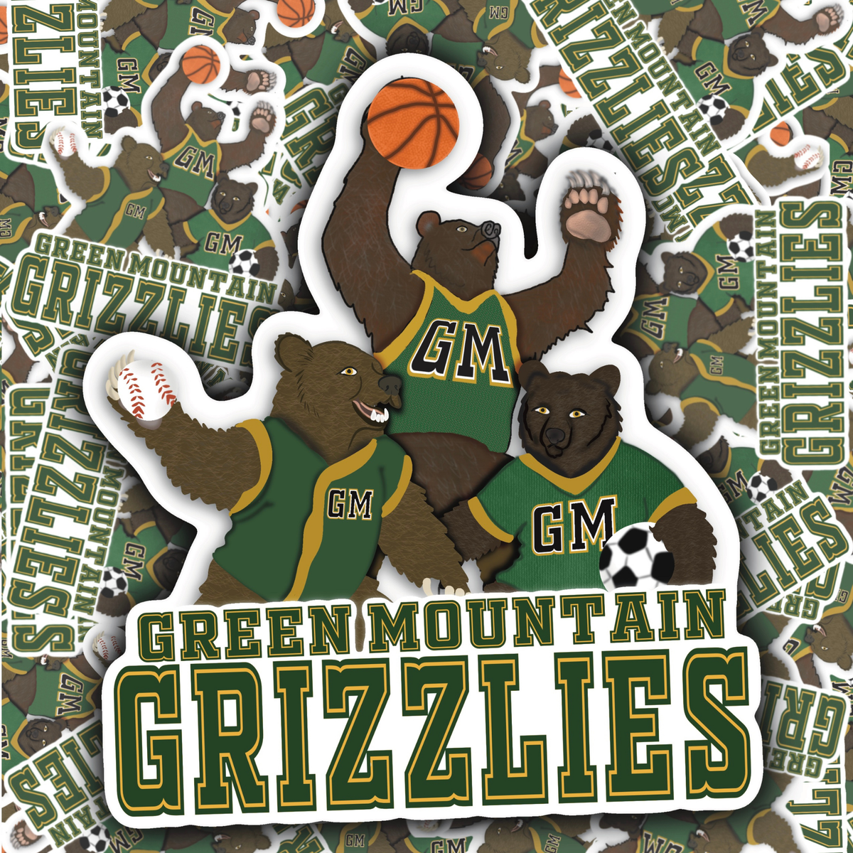 A die-cut sticker featuring three cartoon grizzlies wearing green and gold Green Mountain Grizzlies jerseys, with the team name 'Green Mountain Grizzlies' printed prominently at the bottom. The sticker is shown against a background filled with repeated team graphics.