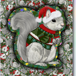 A festive Christmas-themed illustration of a gray squirrel wearing a red Santa hat and a green patterned sweater, centered on a patterned background of similar squirrels.