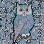 A stylized owl illustration perched on a branch, with large green eyes, white paws, and layered blue-gray feathers, set against a repeating floral and branch pattern in pale blue, gray, and brown tones.