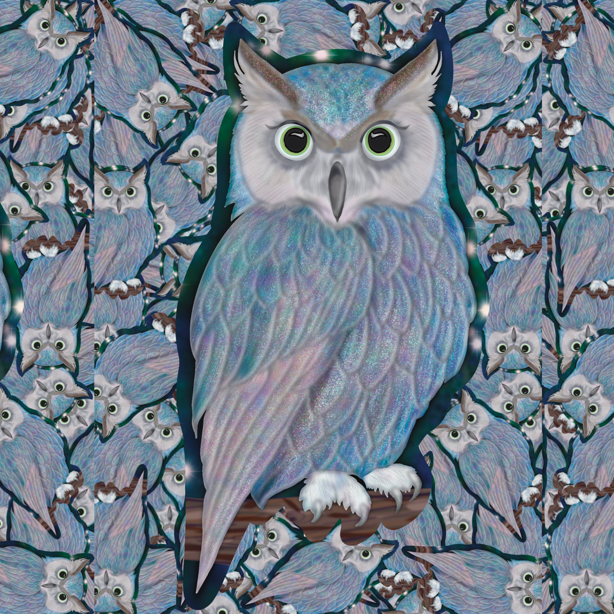 A stylized owl illustration perched on a branch, with large green eyes, white paws, and layered blue-gray feathers, set against a repeating floral and branch pattern in pale blue, gray, and brown tones.