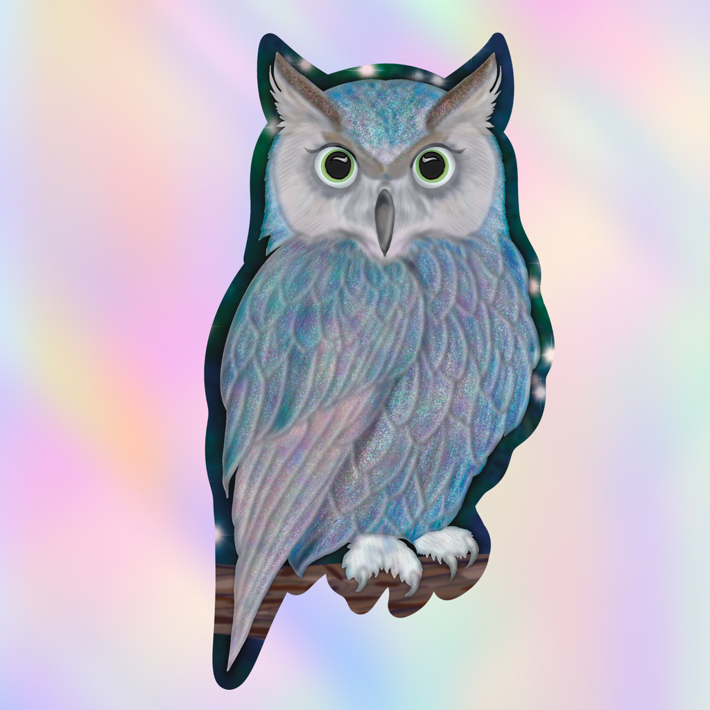 A die-cut sticker or decal of a detailed owl with iridescent blue and purple feathers, green eyes, and white paws, shown against a pastel rainbow gradient background.