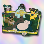A die-cut sticker or decal featuring a Pokémon crime scene illustration with characters including Pikachu, Eevee, Togepi, Blastoise, and Snorlax behind yellow police tape reading 'Pokémon crime scene do not cross.' The design is shown on a soft pastel rainbow gradient background.