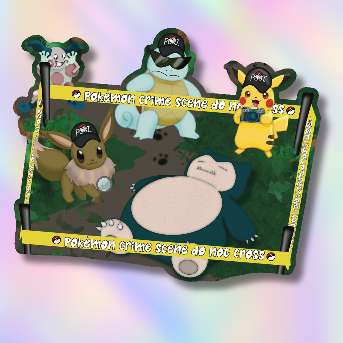 A die-cut sticker or decal featuring a Pokémon crime scene illustration with characters including Pikachu, Eevee, Togepi, Blastoise, and Snorlax behind yellow police tape reading 'Pokémon crime scene do not cross.' The design is shown on a soft pastel rainbow gradient background.