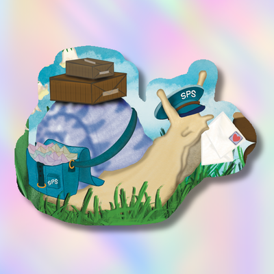 A whimsical illustrated snail carrying blue SPS mail bags, boxes, and a letter, set on a pastel rainbow background.