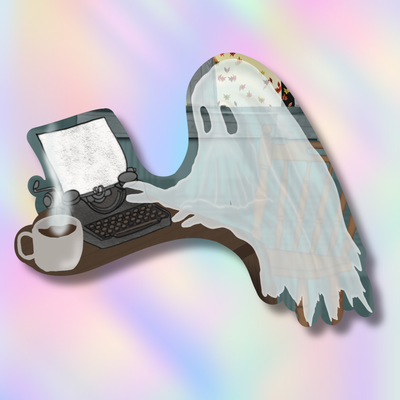 A die-cut sticker featuring a ghost sitting at a typewriter next to a steaming mug, set against a pastel rainbow gradient background.