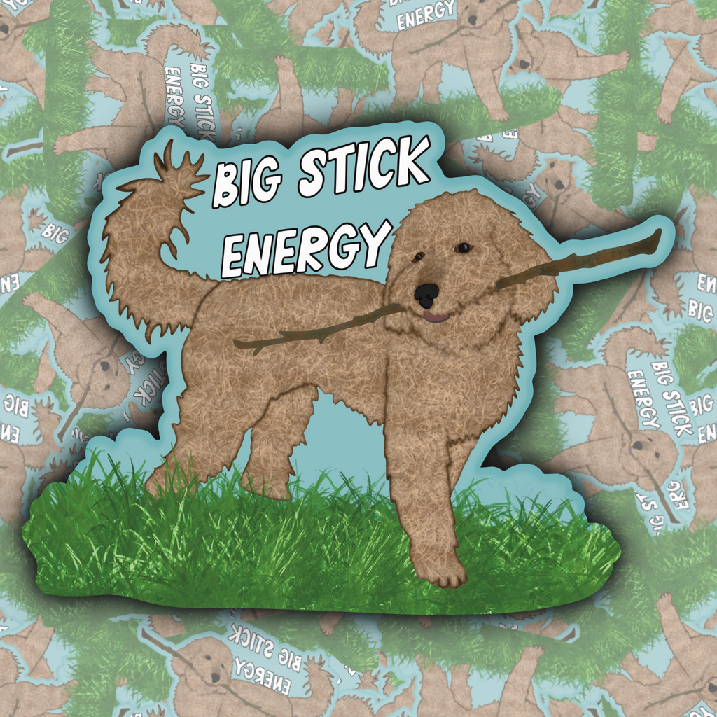 Collage-style image featuring a funny dog sticker with a fluffy dog carrying an oversized stick through grass.