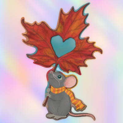 A decorative mouse figurine holding a large red-orange maple leaf with a light blue heart cutout, wearing a yellow and orange striped scarf, set against a pastel rainbow gradient background.