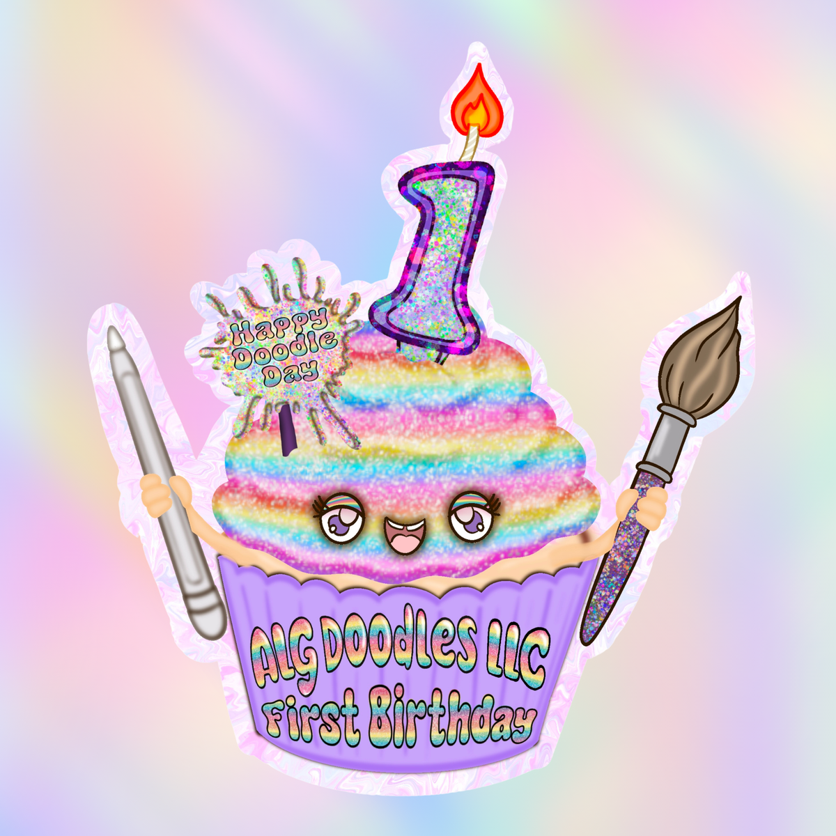 Cute rainbow cupcake sticker with art supplies and “ALG Doodles LLC First Birthday” text.