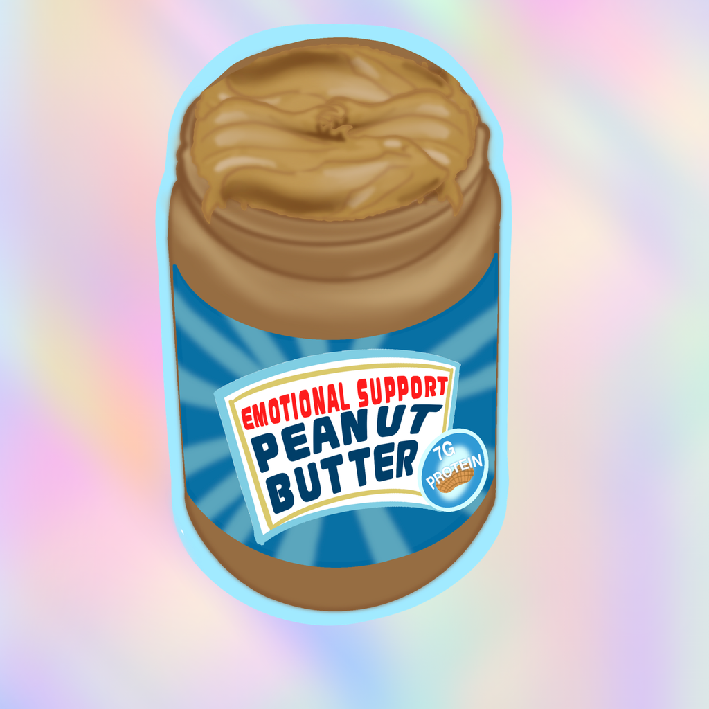 Illustrated peanut butter jar sticker reading “Emotional Support Peanut Butter” with creamy peanut butter swirls on top.