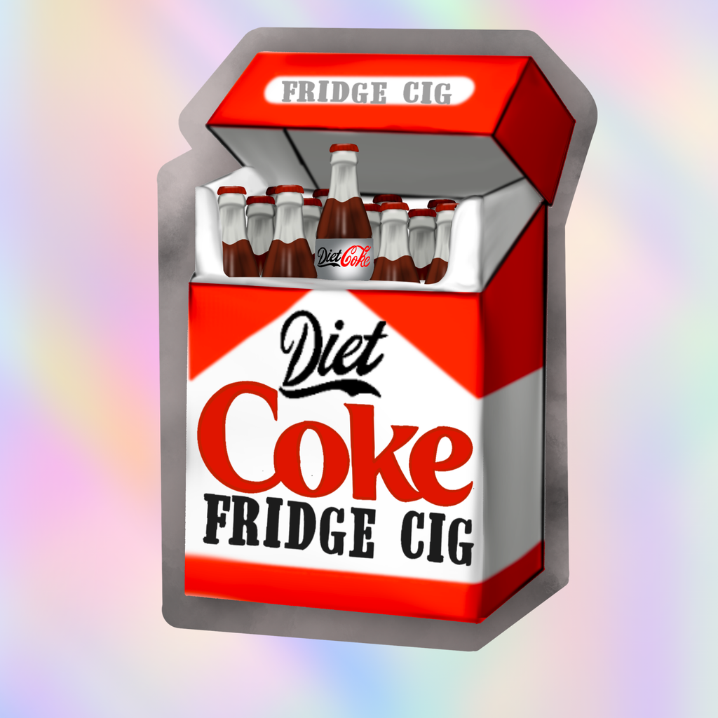 Hand holding a Diet Coke “Fridge Cig” sticker in front of an open refrigerator background.