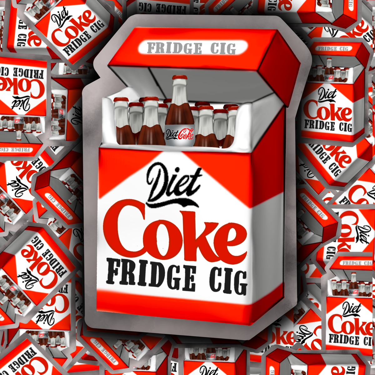 Collage featuring multiple Diet Coke “Fridge Cig” stickers layered together.