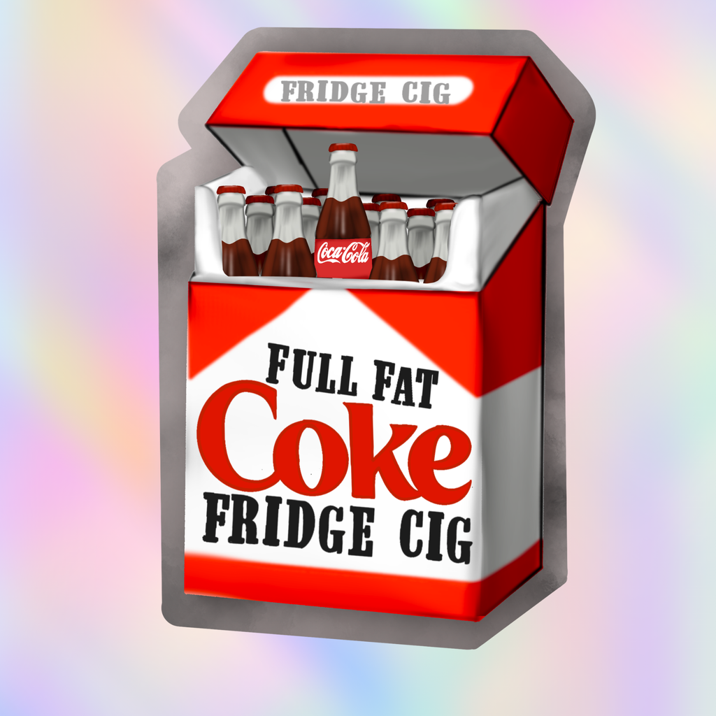 Illustrated Full Fat Coke inspired cigarette-pack parody sticker filled with mini soda bottles.