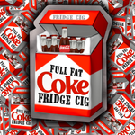 Collage featuring multiple Full Fat Coke “Fridge Cig” stickers layered together.
