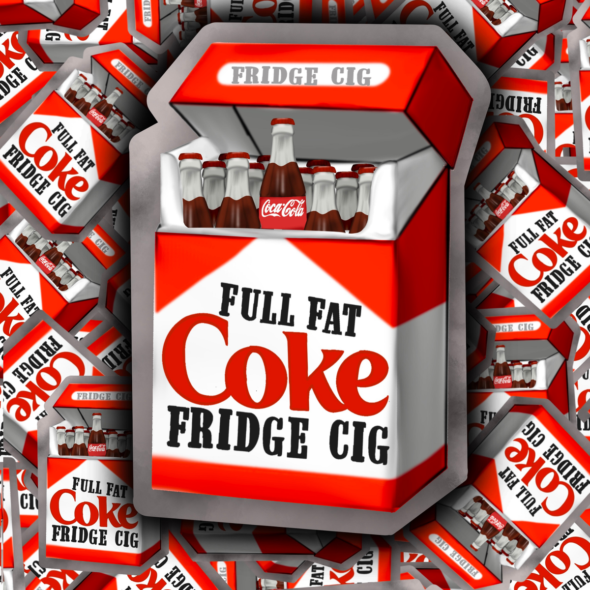 Collage featuring multiple Full Fat Coke “Fridge Cig” stickers layered together.