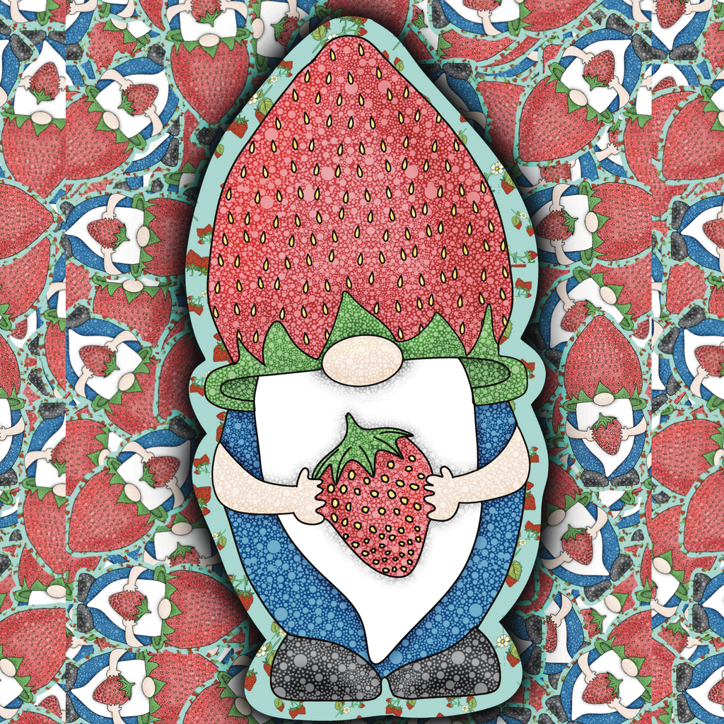 A stylized strawberry-themed gnome illustration centered over a repeating strawberry-and-leaf patterned background. The gnome has a large red strawberry-shaped hat, green leafy accents, a white beard, blue clothing, and holds a strawberry.