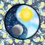 A circular graphic featuring a stylized yin-yang symbol with a bright yellow sun in the light blue upper right and a gray cratered moon in the dark blue lower left, surrounded by a repeating pattern of similar sun-and-moon icons.