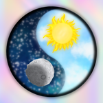 A circular graphic featuring a yin-yang style design with a bright yellow sun in the light blue right half, a dark starry night sky in the left half, and a gray cratered moon floating near the bottom center, all set against a soft pastel rainbow gradient background.