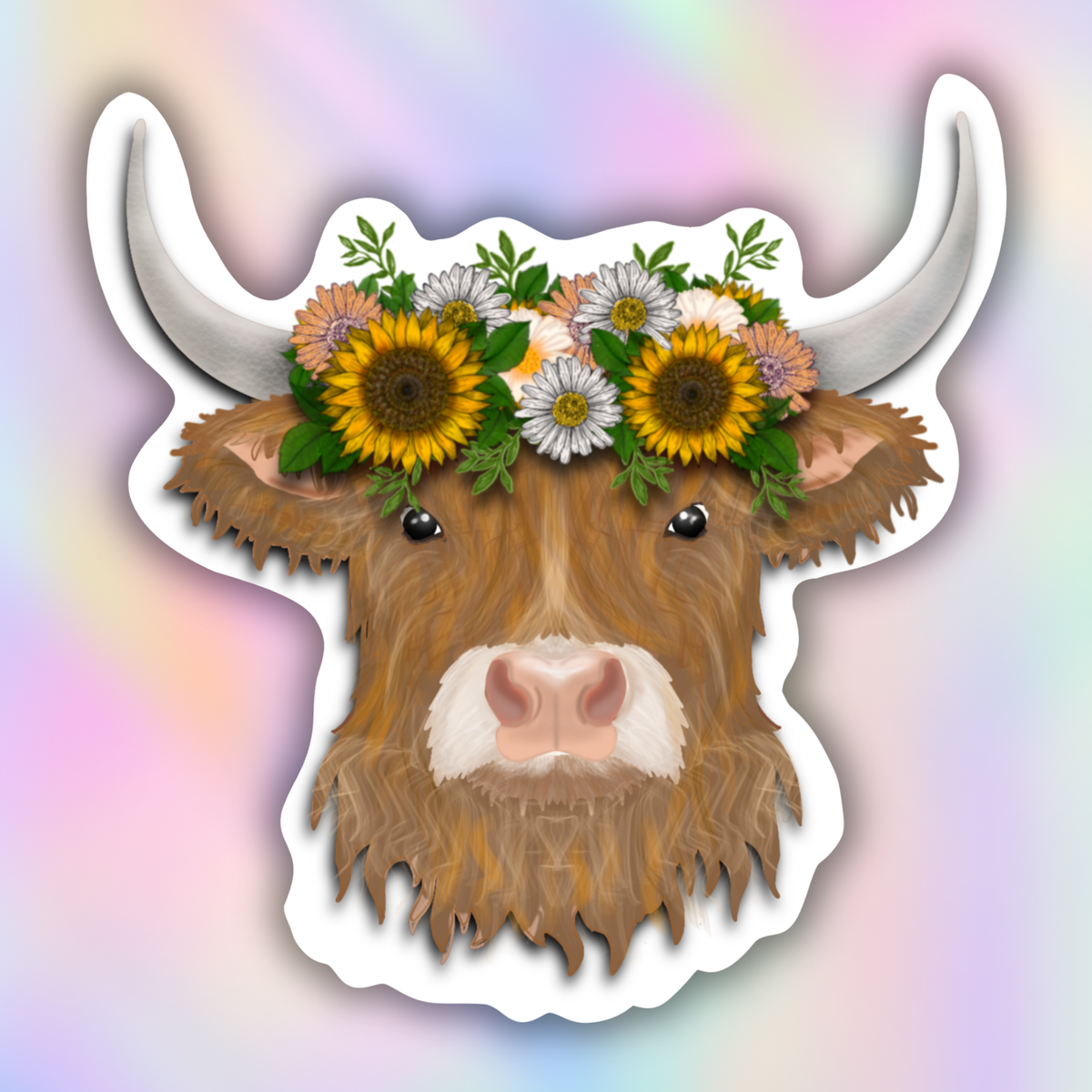 A die-cut sticker featuring a stylized brown highland cow head with long white horns, wearing a floral crown of sunflowers, daisies, and small pink flowers with green leaves, shown on a pastel rainbow gradient background.