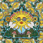 A colorful illustrated sticker or patch featuring a smiling sun wearing sunglasses, surrounded by flowers, clouds, mushrooms, and a blue border, set against a repeating sun-and-floral patterned background.