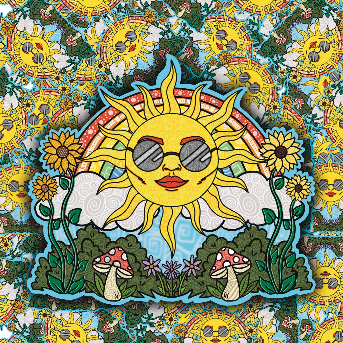 A colorful illustrated sticker or patch featuring a smiling sun wearing sunglasses, surrounded by flowers, clouds, mushrooms, and a blue border, set against a repeating sun-and-floral patterned background.