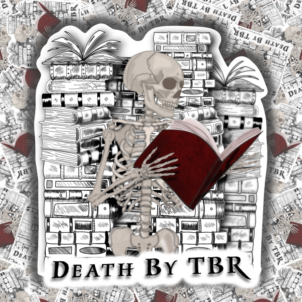 A die-cut sticker featuring a cartoon skeleton holding an open red book, set against a background of stacked books and newspaper clippings, with the text 'DEATH BY TBR' at the bottom.