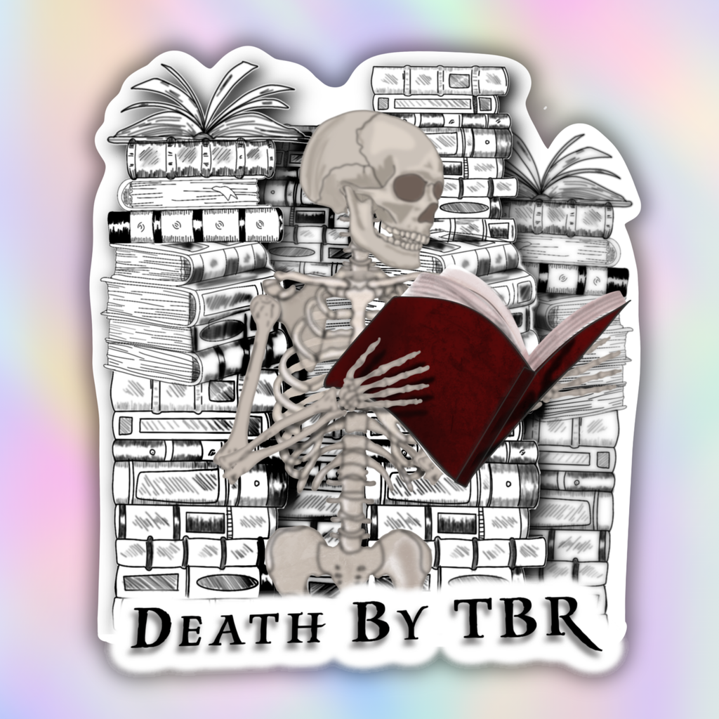 A die-cut sticker featuring a black and white illustrated skeleton reading a red book, set against a background of book stacks and plants, with the text 'DEATH BY TBR' at the bottom. The sticker is shown on a pastel iridescent gradient background.