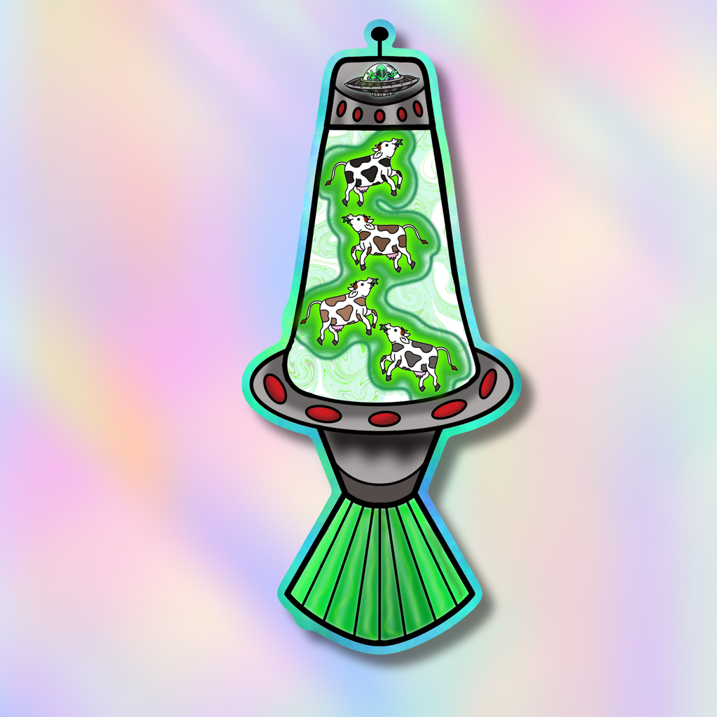A retro-futuristic lava lamp sticker or decal featuring green liquid with four black-and-white cow illustrations, a gray lamp base with red circular details, and a small UFO on top, set against a pastel rainbow gradient background.