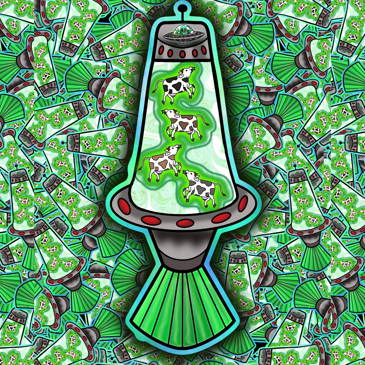 A stylized illustrated lava lamp centered on a dense repeating pattern background. The lamp is bright green with turquoise outlines, red accents, and cartoon cow figures inside.