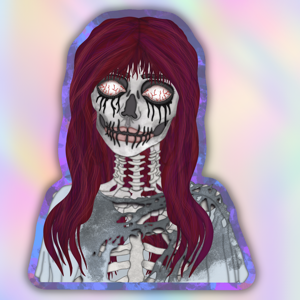 A die-cut sticker featuring a stylized skeleton girl with long burgundy hair, black eye makeup, and visible ribs and spine, set against a pastel iridescent background.