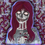 A stylized illustrated skull-faced figure with long burgundy hair, shown centered over a repeating patterned background of the same motif in purple, gray, and burgundy tones.