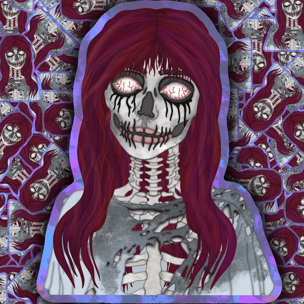 A stylized illustrated skull-faced figure with long burgundy hair, shown centered over a repeating patterned background of the same motif in purple, gray, and burgundy tones.